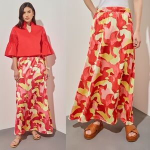 NWT Ming Wang A-Line Maxi Skirt Crepe de Chine MultiColor Abstract Sz XS